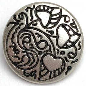 Heart Leaf Squiggles Antique Silver 13/16" Shank Back Metal Button 20mm  #FJ-43