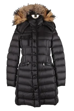 Hermifur Gross-Grain Trim Long Down Coat w/ Fur Hood