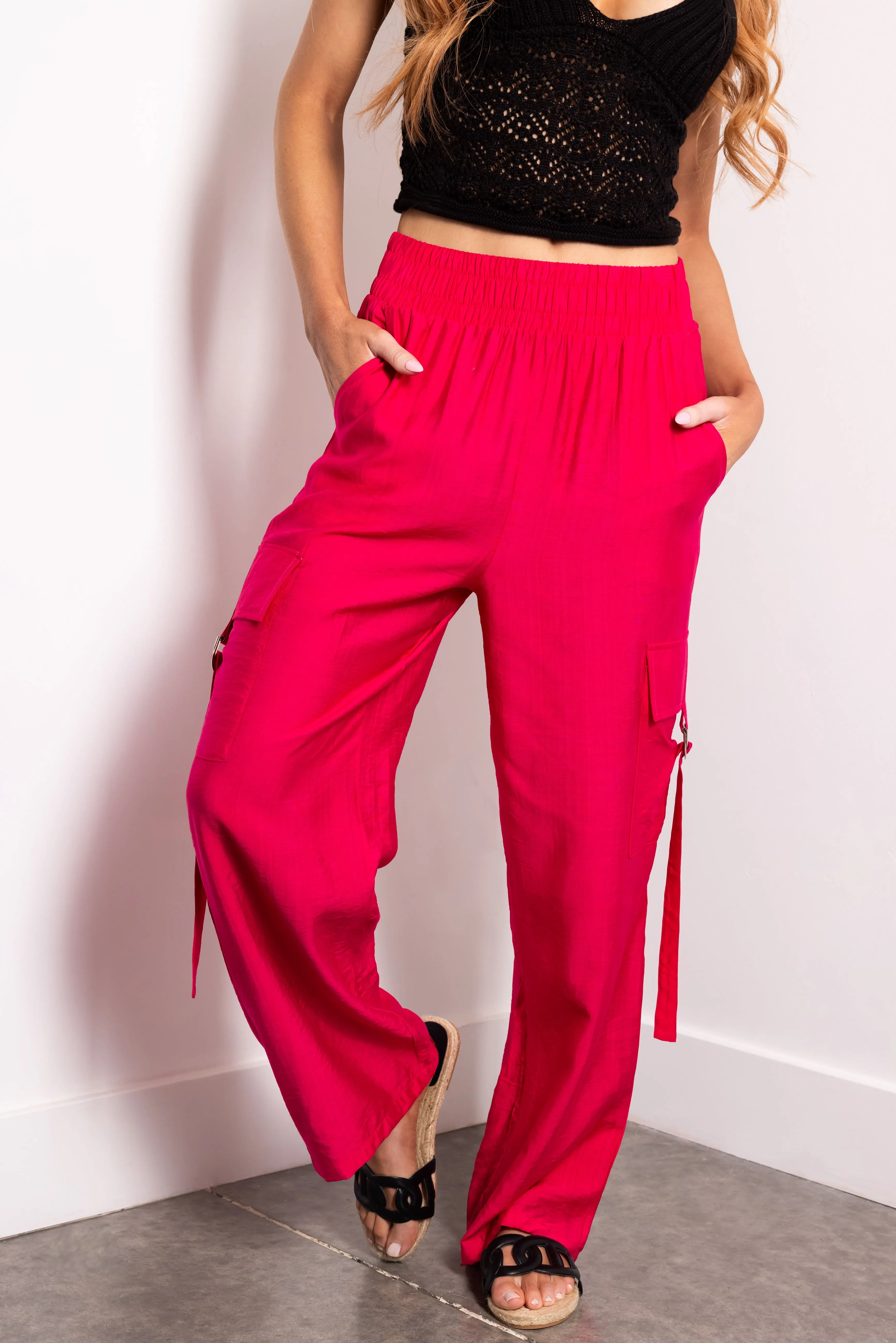 Hot Pink Faux Linen Wide Leg Cargo Pants