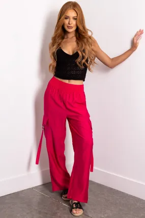 Hot Pink Faux Linen Wide Leg Cargo Pants