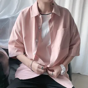 Ilooove Solid Color Half-sleeved Button Pink Shirts for Men Summer Korean Fashion Loose Casual Simple All-match Oversized Shirt Coat