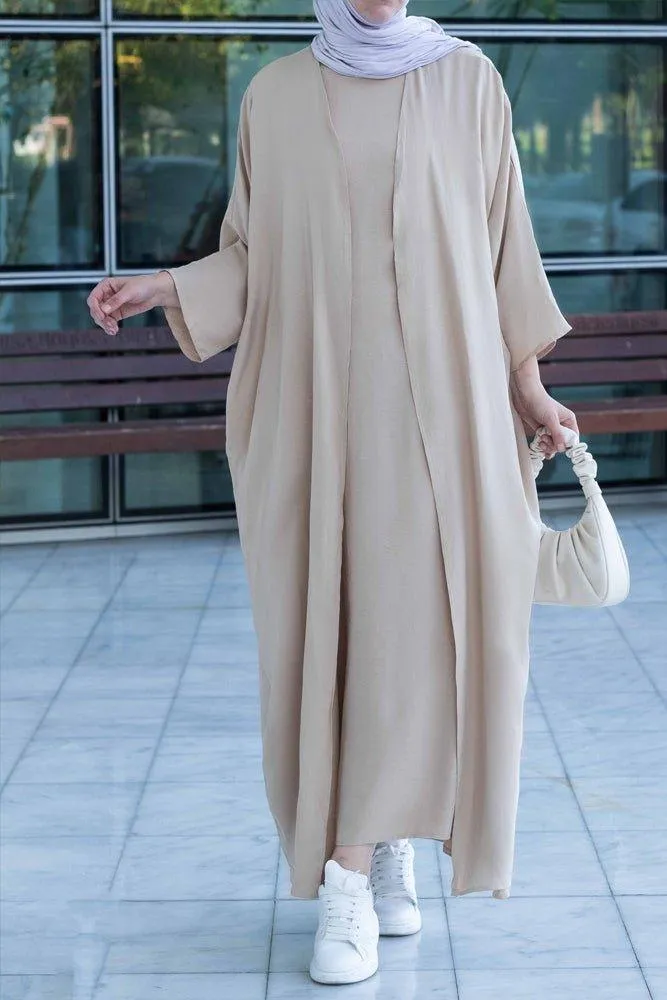 Janeti linen natural fabric 3 piece set with inner slip dress, apron and open front abaya in beige