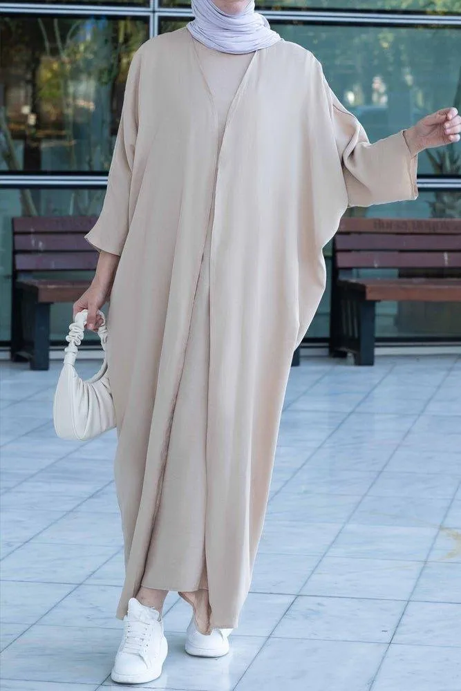 Janeti linen natural fabric 3 piece set with inner slip dress, apron and open front abaya in beige