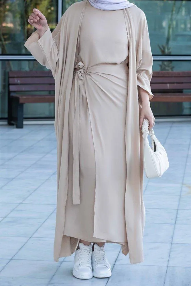 Janeti linen natural fabric 3 piece set with inner slip dress, apron and open front abaya in beige