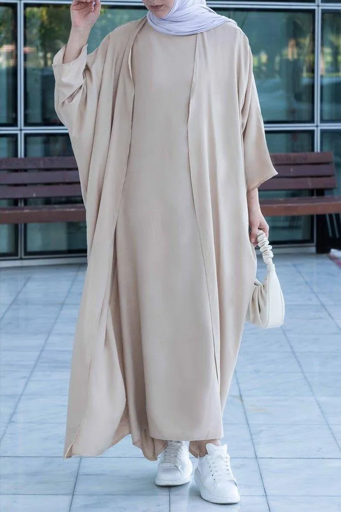 Janeti linen natural fabric 3 piece set with inner slip dress, apron and open front abaya in beige