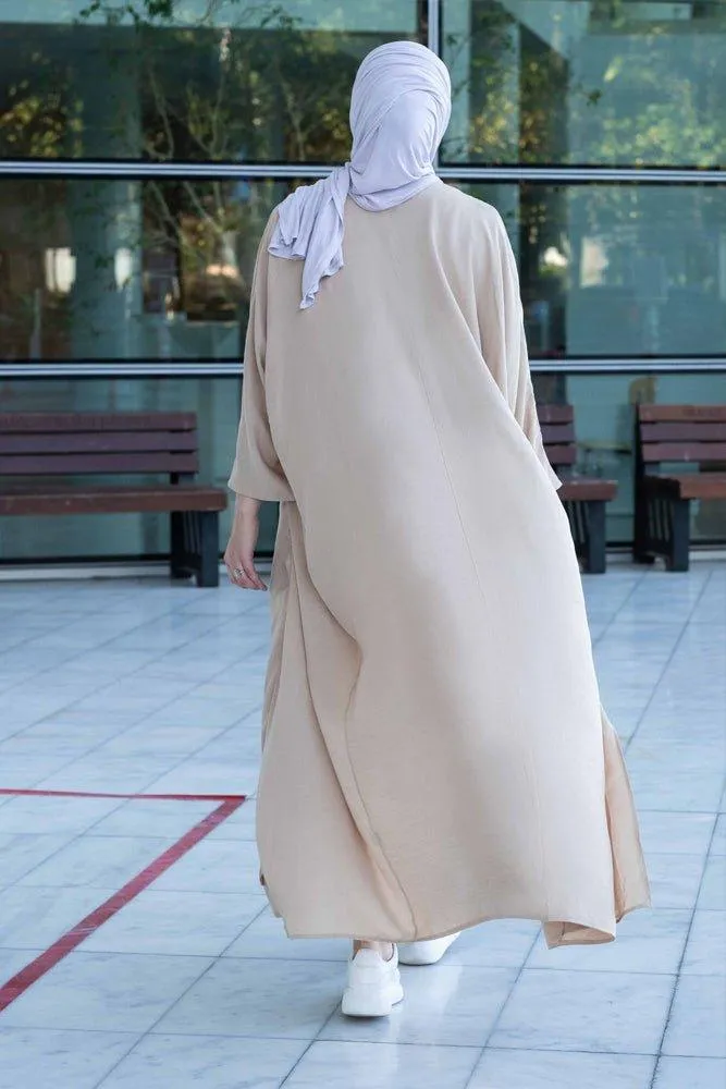 Janeti linen natural fabric 3 piece set with inner slip dress, apron and open front abaya in beige