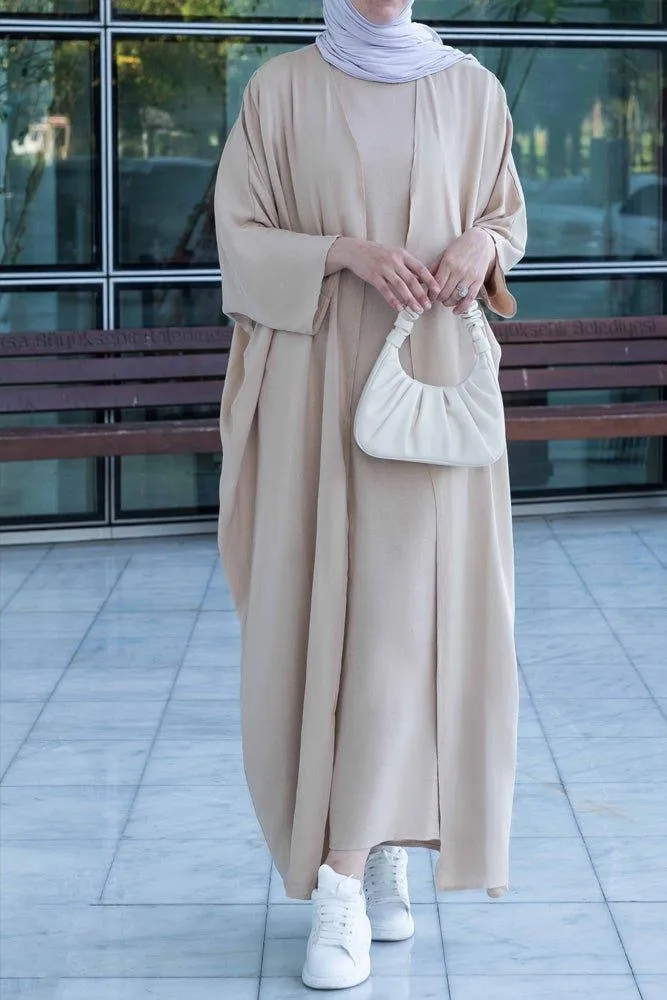 Janeti linen natural fabric 3 piece set with inner slip dress, apron and open front abaya in beige