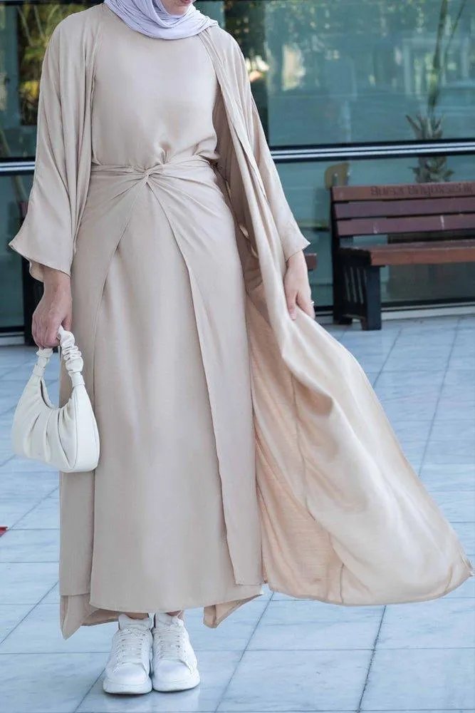 Janeti linen natural fabric 3 piece set with inner slip dress, apron and open front abaya in beige