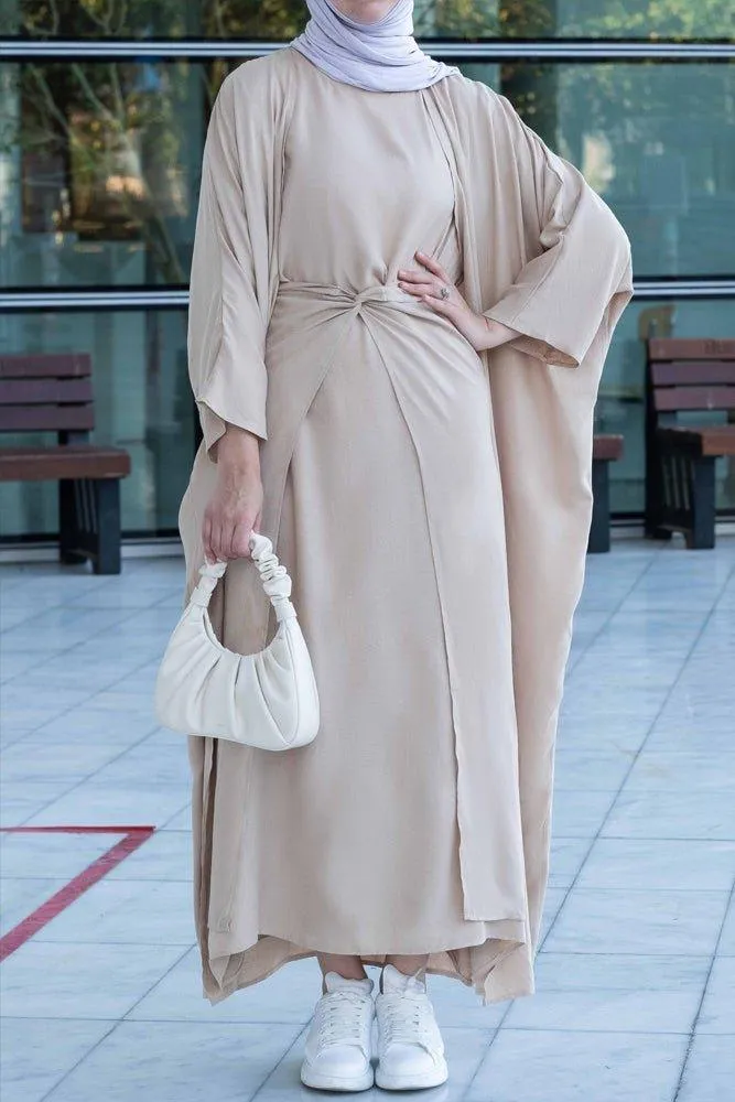 Janeti linen natural fabric 3 piece set with inner slip dress, apron and open front abaya in beige