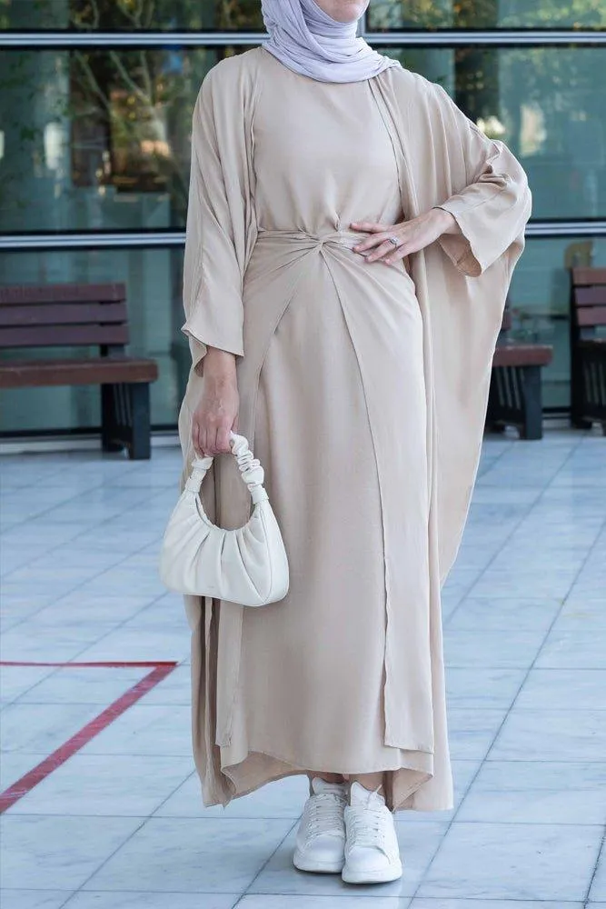 Janeti linen natural fabric 3 piece set with inner slip dress, apron and open front abaya in beige