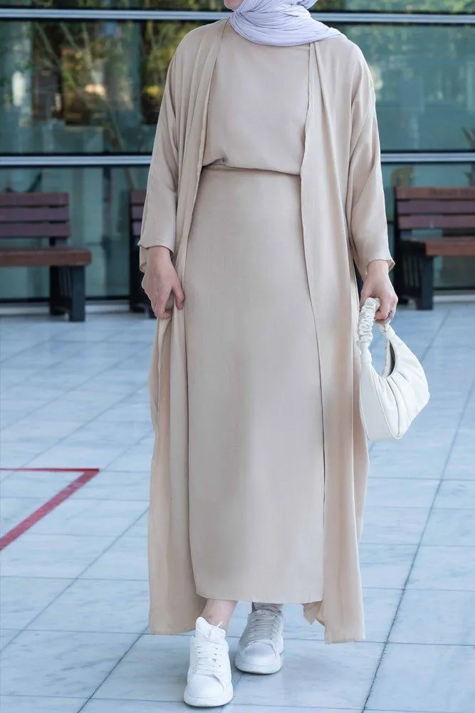 Janeti linen natural fabric 3 piece set with inner slip dress, apron and open front abaya in beige