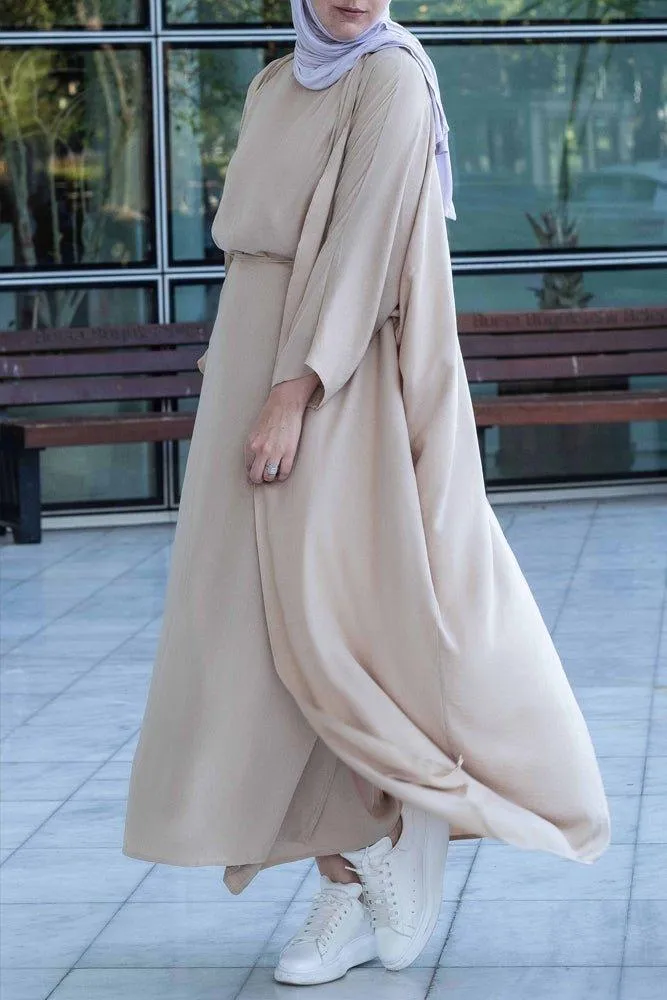 Janeti linen natural fabric 3 piece set with inner slip dress, apron and open front abaya in beige