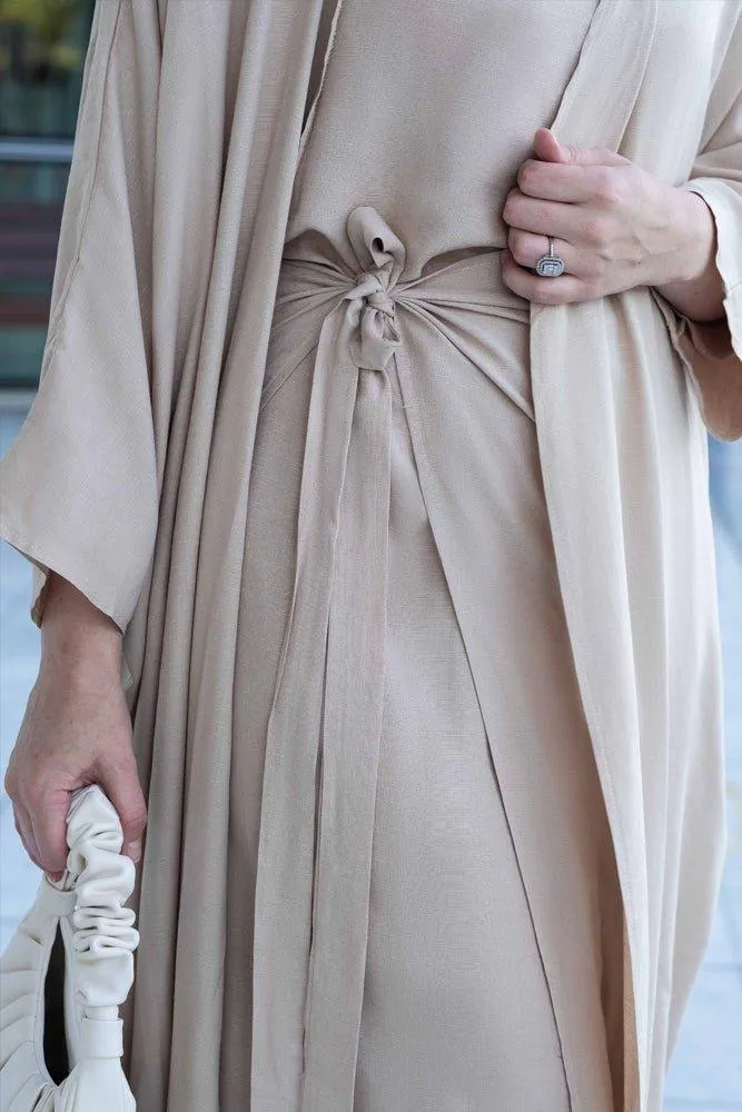 Janeti linen natural fabric 3 piece set with inner slip dress, apron and open front abaya in beige