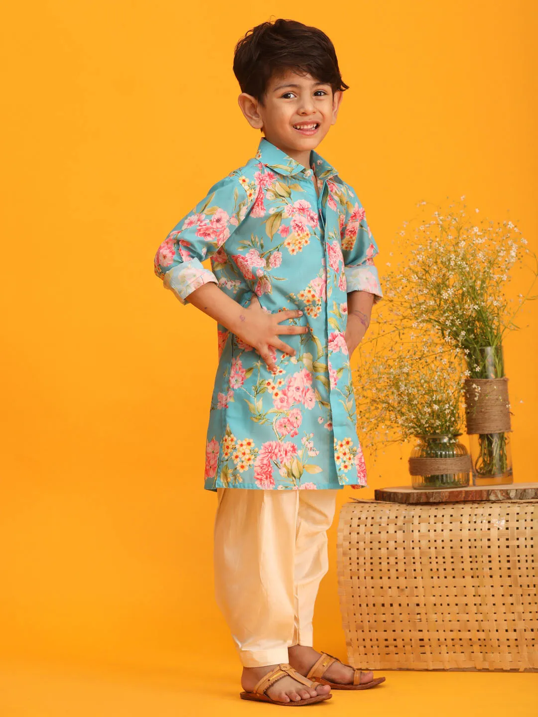 Jashvi Boy's Aqua Blue Floral Printed Kurta with Cream Solid Patiala Set