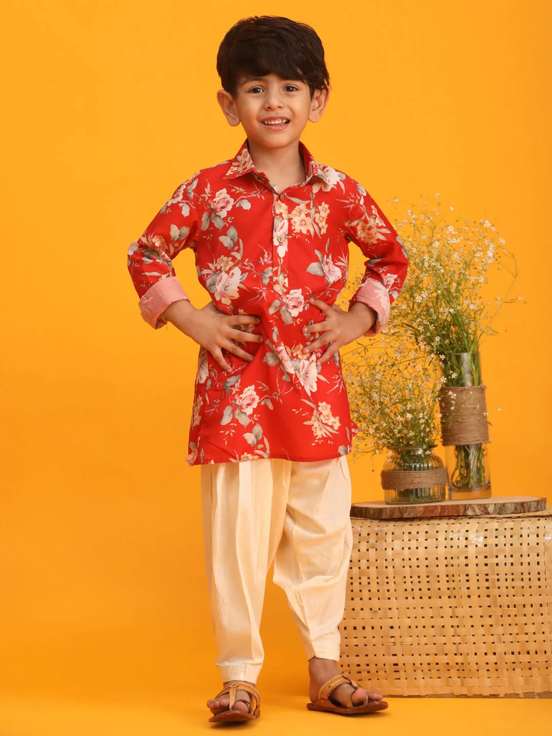 Jashvi Boy's Red Floral Printed Kurta with Cream Solid Pyjama Set