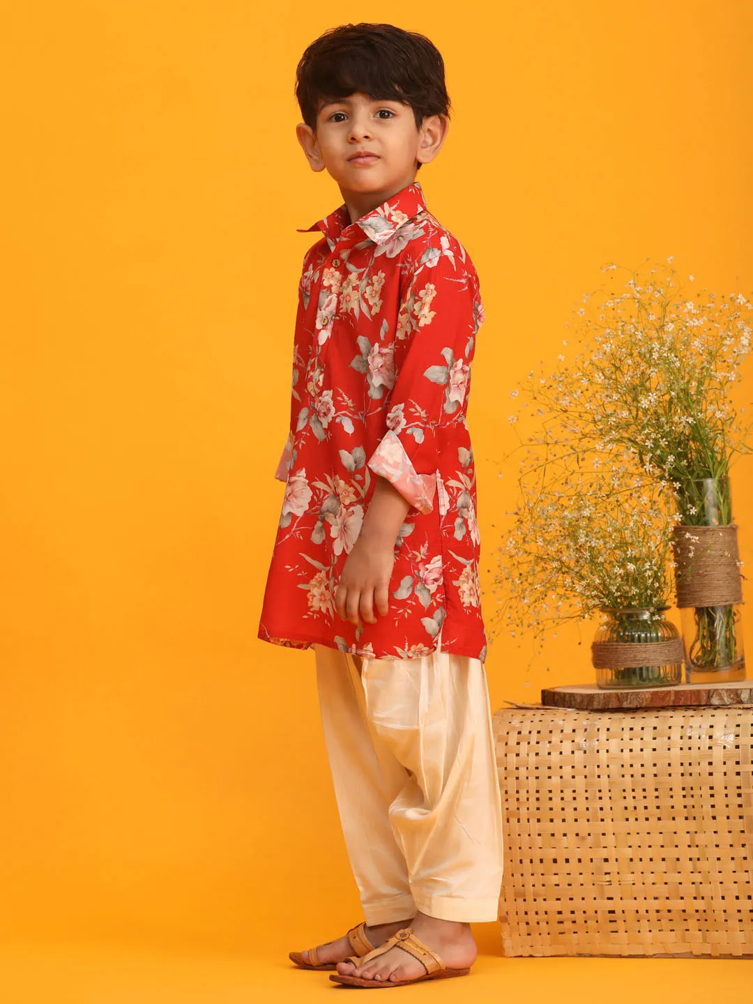 Jashvi Boy's Red Floral Printed Kurta with Cream Solid Pyjama Set