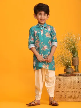 Jashvi Boy's Turquoise Floral Printed Kurta with Cream Solid Pyjama Set