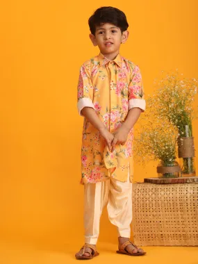 Jashvi Boy's Yellow Floral Printed Kurta with Cream Solid Patiala Set