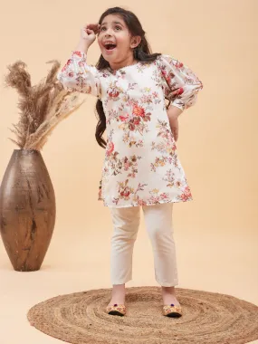 Jashvi Girls Cream Floral Printed Kurta With Cream Pant Set