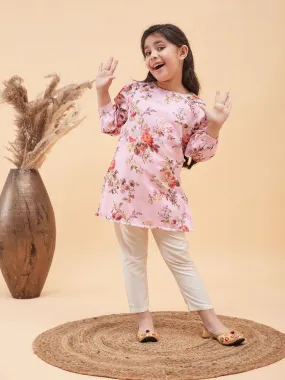 Jashvi Girls Pink Floral Printed Kurta With Cream Pant Set