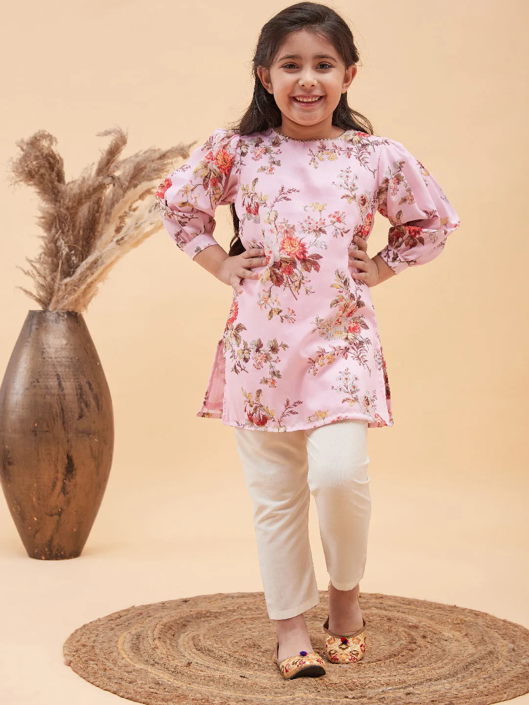 Jashvi Girls Pink Floral Printed Kurta With Cream Pant Set