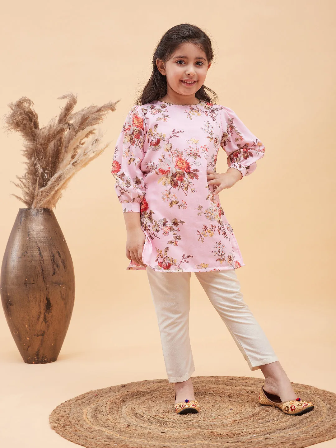 Jashvi Girls Pink Floral Printed Kurta With Cream Pant Set