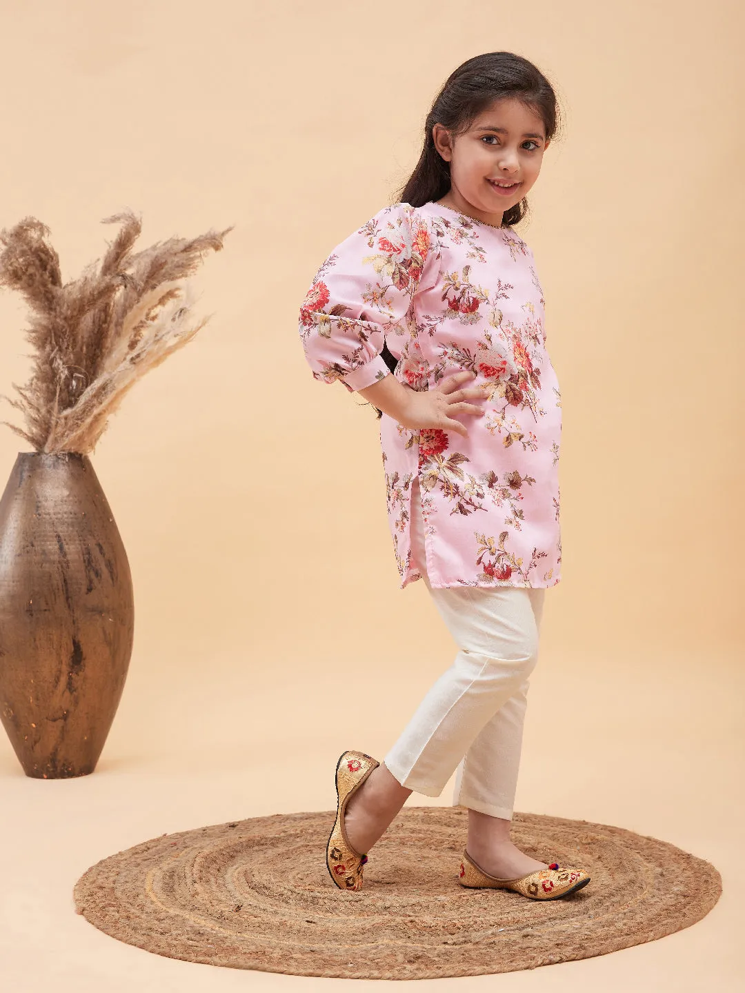 Jashvi Girls Pink Floral Printed Kurta With Cream Pant Set