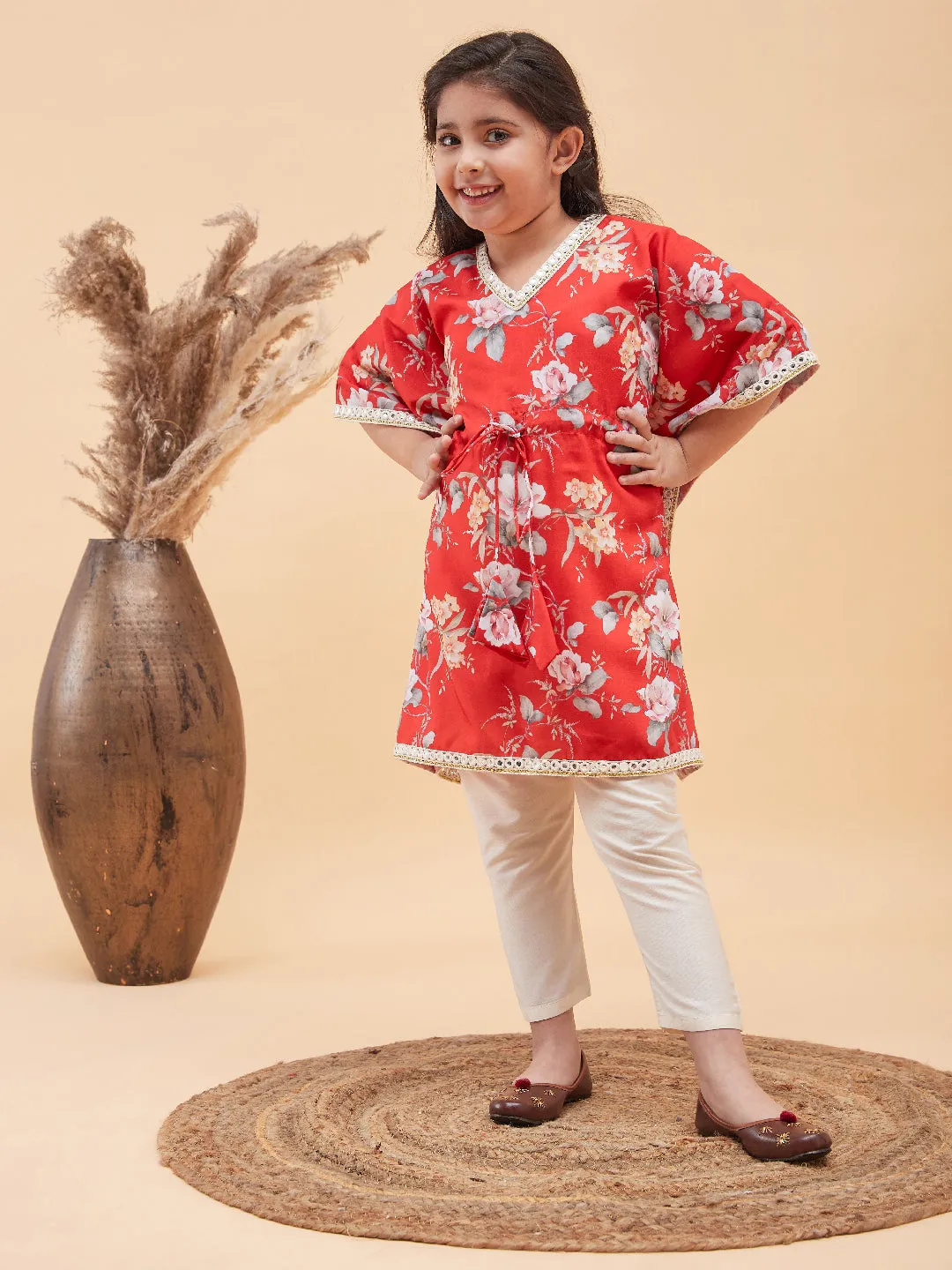 Jashvi Girls Red Floral Printed Kaftan Kurta With Cream Pant Set