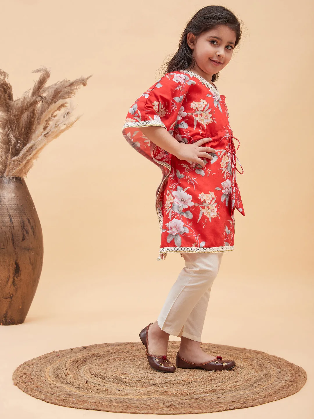 Jashvi Girls Red Floral Printed Kaftan Kurta With Cream Pant Set