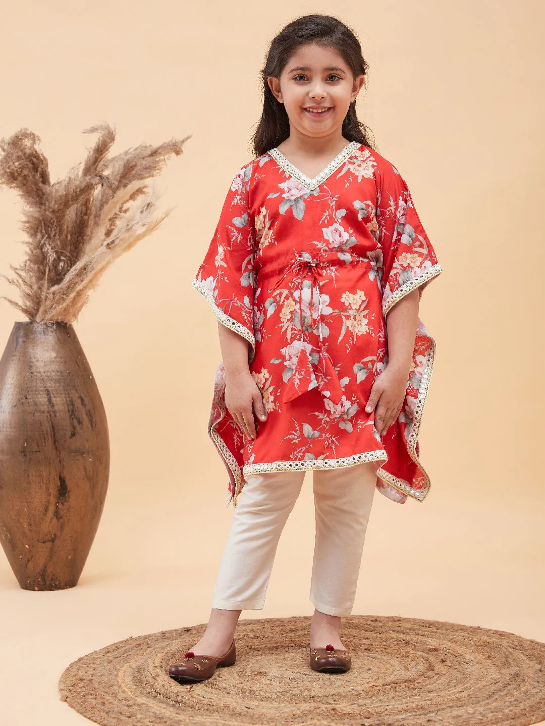 Jashvi Girls Red Floral Printed Kaftan Kurta With Cream Pant Set