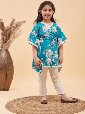 Jashvi Girls Turquoise Blue Floral Printed Kaftan Kurta With Cream Pant Set