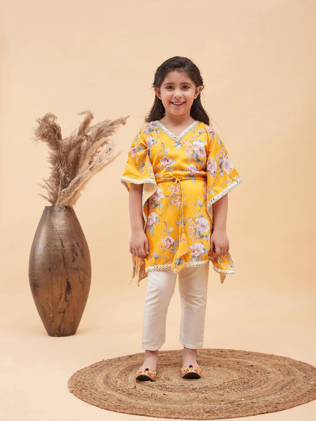 Jashvi Girls Yellow Floral Printed Kaftan Kurta With Cream Pant Set