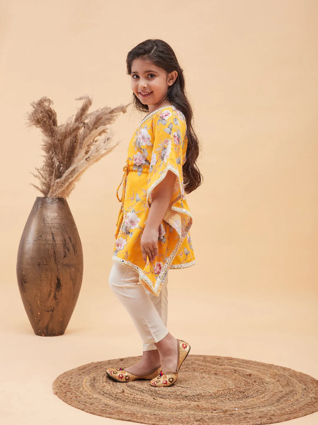 Jashvi Girls Yellow Floral Printed Kaftan Kurta With Cream Pant Set