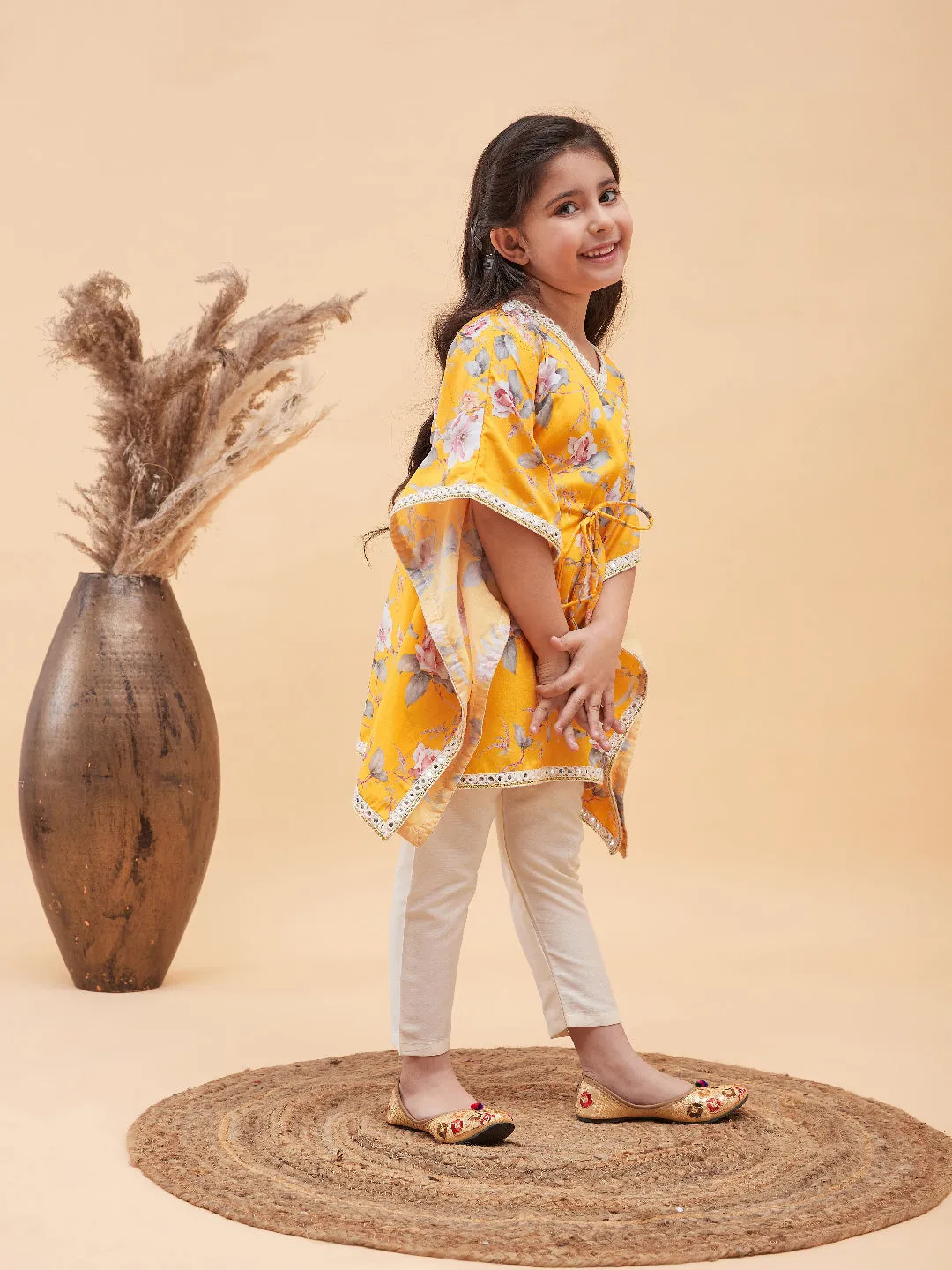 Jashvi Girls Yellow Floral Printed Kaftan Kurta With Cream Pant Set