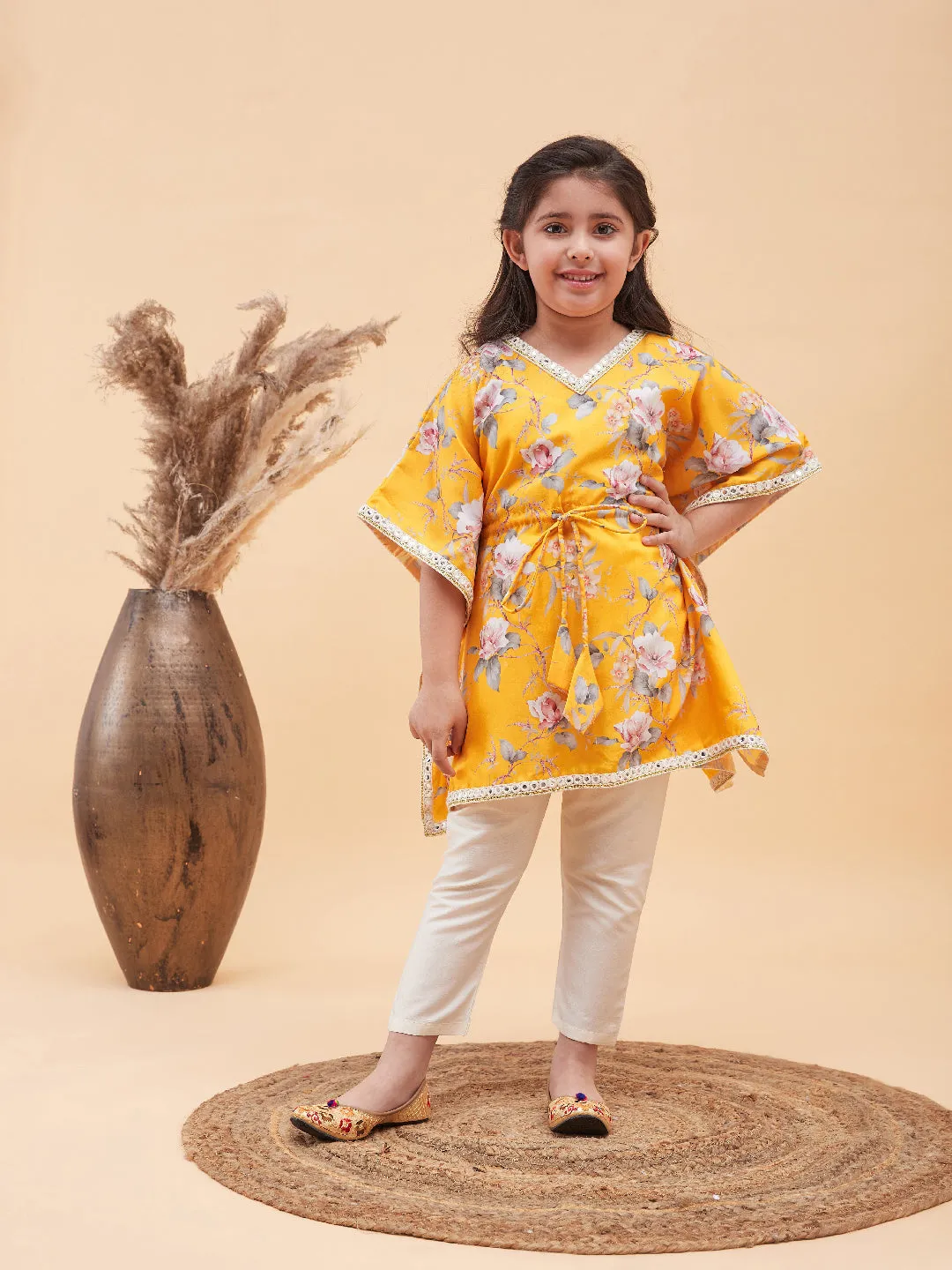 Jashvi Girls Yellow Floral Printed Kaftan Kurta With Cream Pant Set