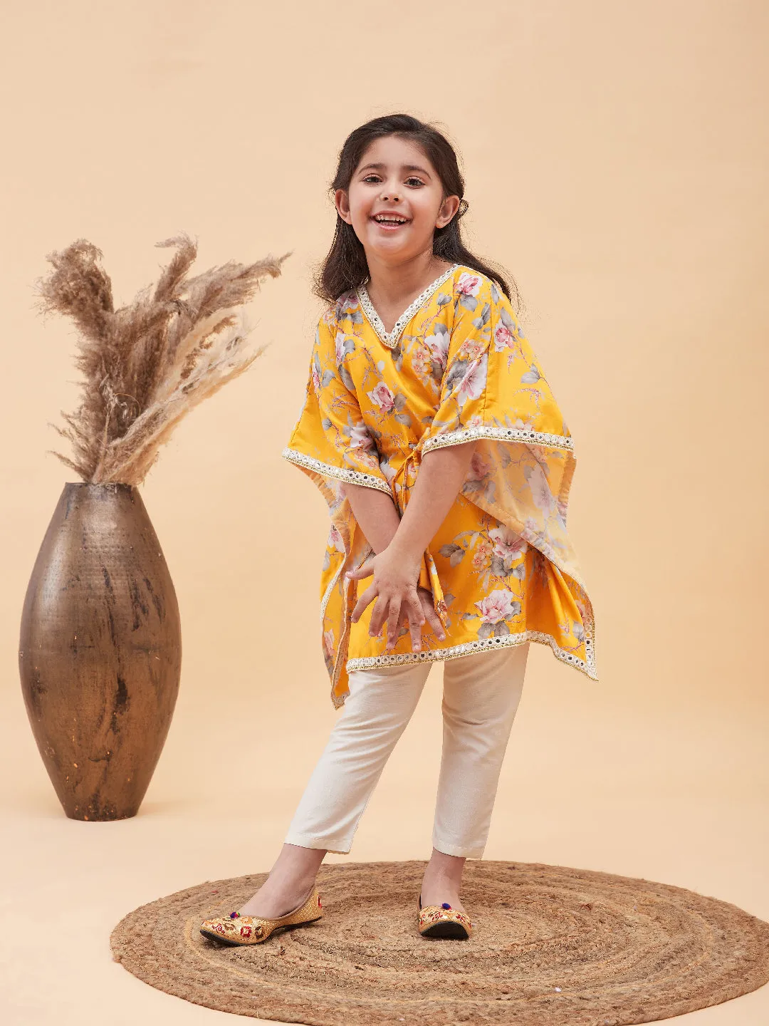 Jashvi Girls Yellow Floral Printed Kaftan Kurta With Cream Pant Set