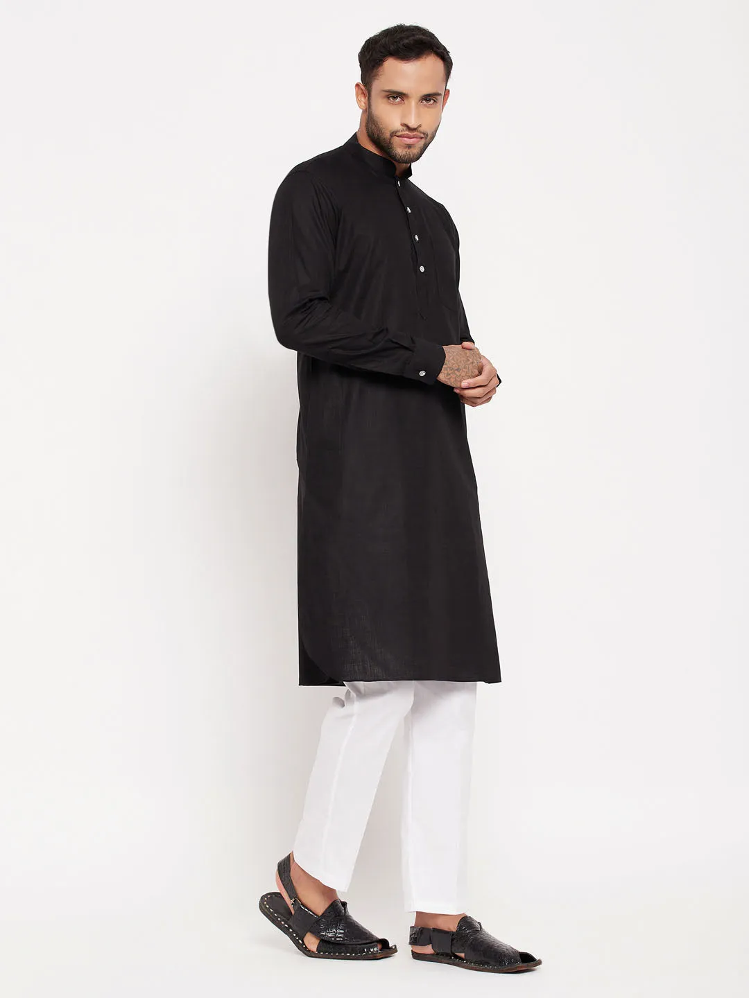 Jashvi Men's Black And White Cotton Blend Pathani Suit With White Pant Set