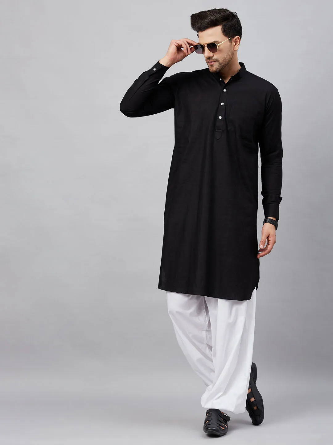 Jashvi Men's Black Cotton Blend Pathani Suit Set