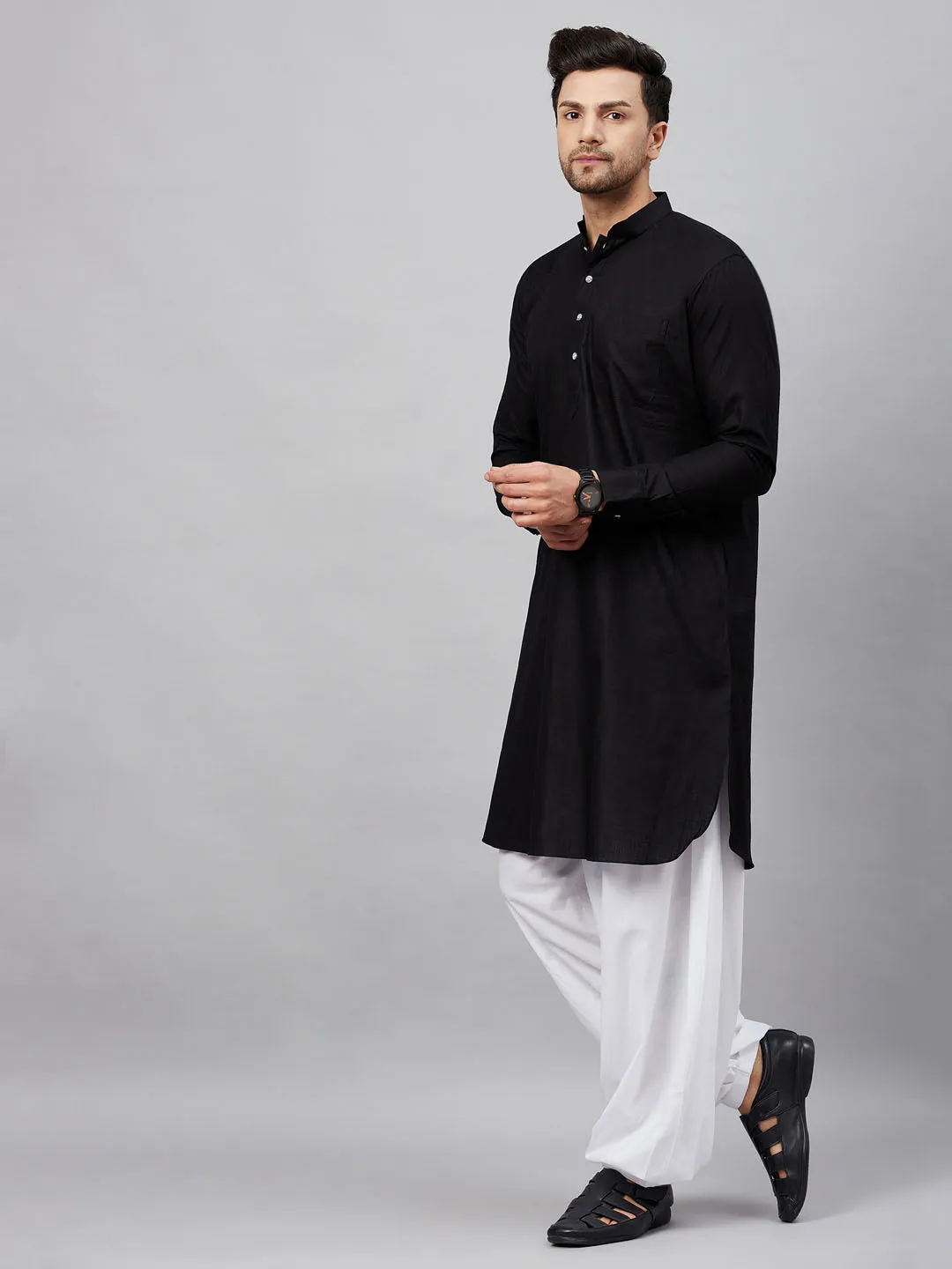 Jashvi Men's Black Cotton Blend Pathani Suit Set