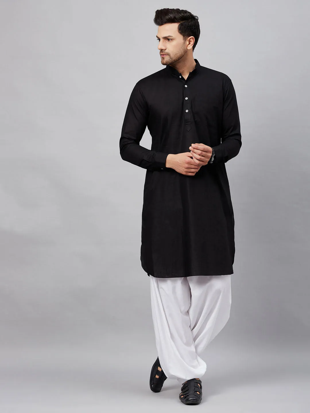 Jashvi Men's Black Cotton Blend Pathani Suit Set