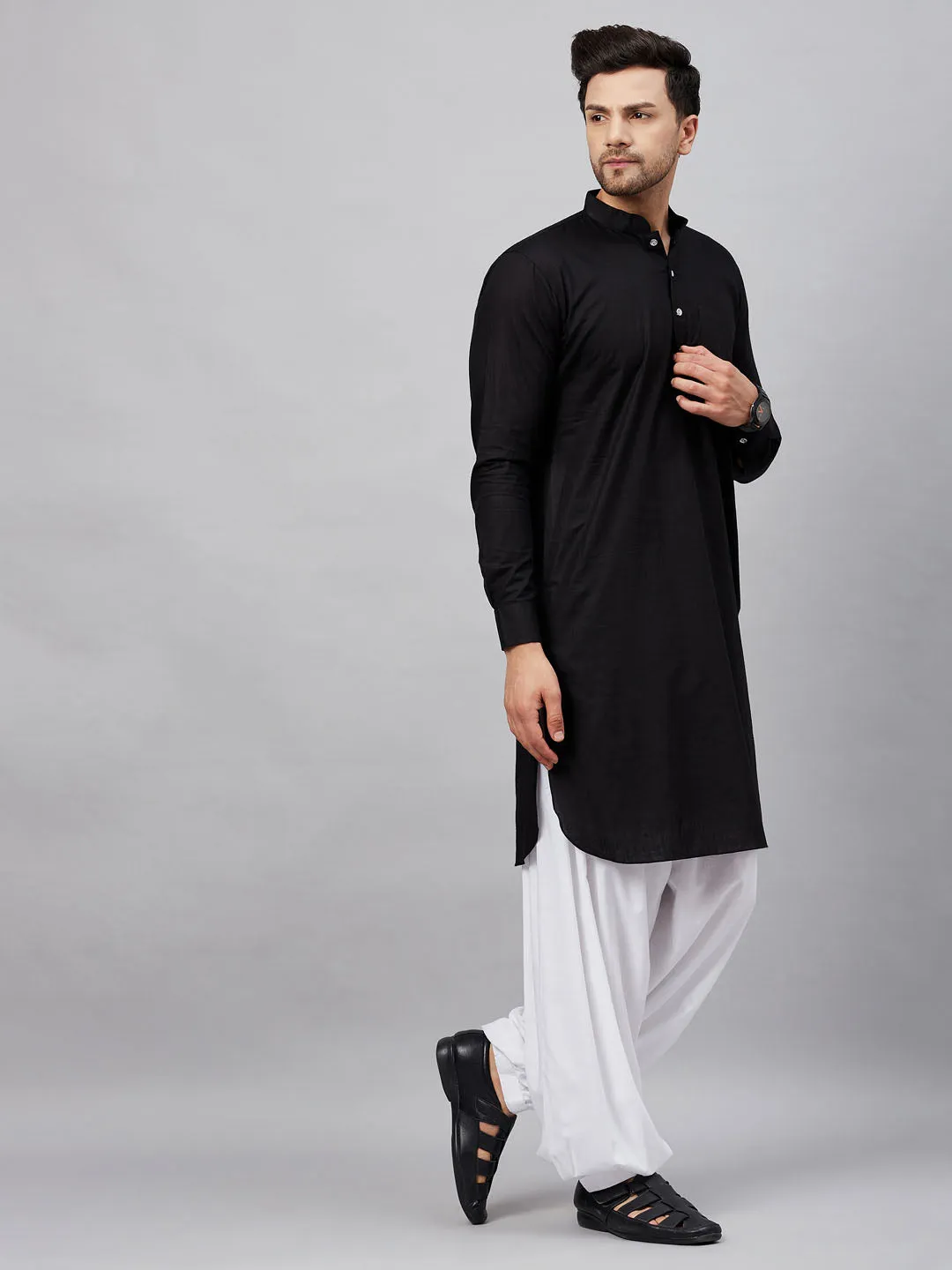 Jashvi Men's Black Cotton Blend Pathani Suit Set