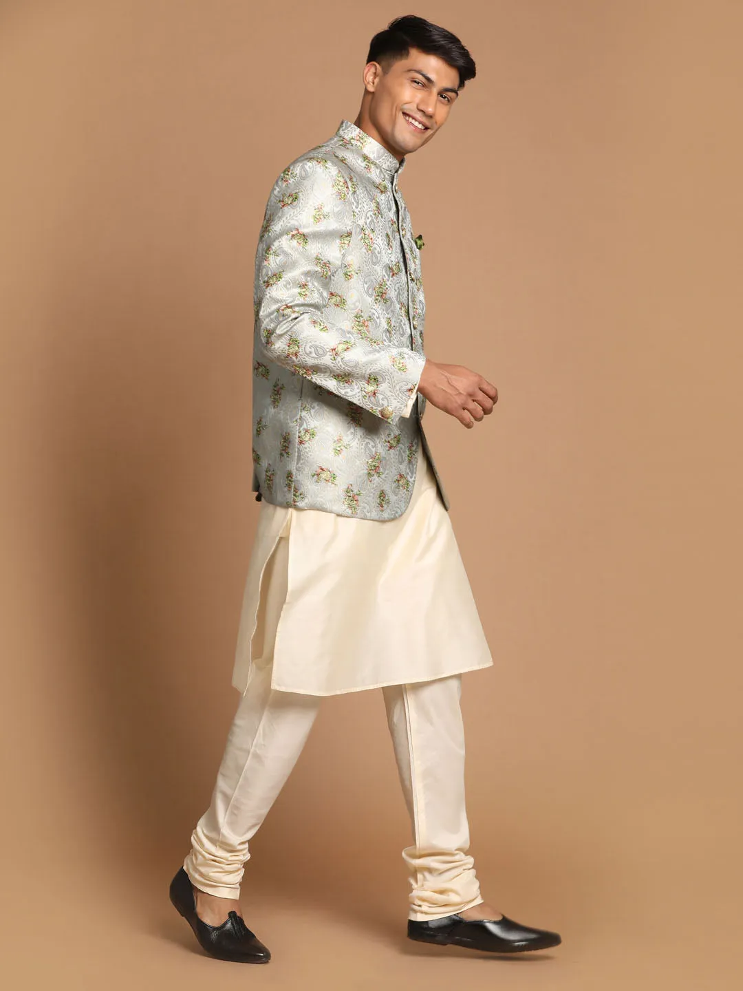 Jashvi Men's Green Woven Design Jodhpuri And Cream Kurta Pyjama Set