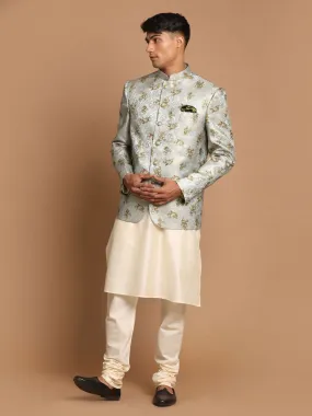 Jashvi Men's Green Woven Design Jodhpuri And Cream Kurta Pyjama Set