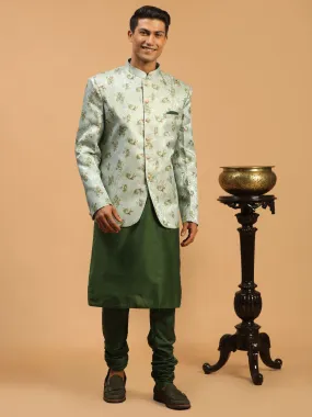 Jashvi Men's Green Woven Design Jodhpuri And Green Kurta Pyjama Set