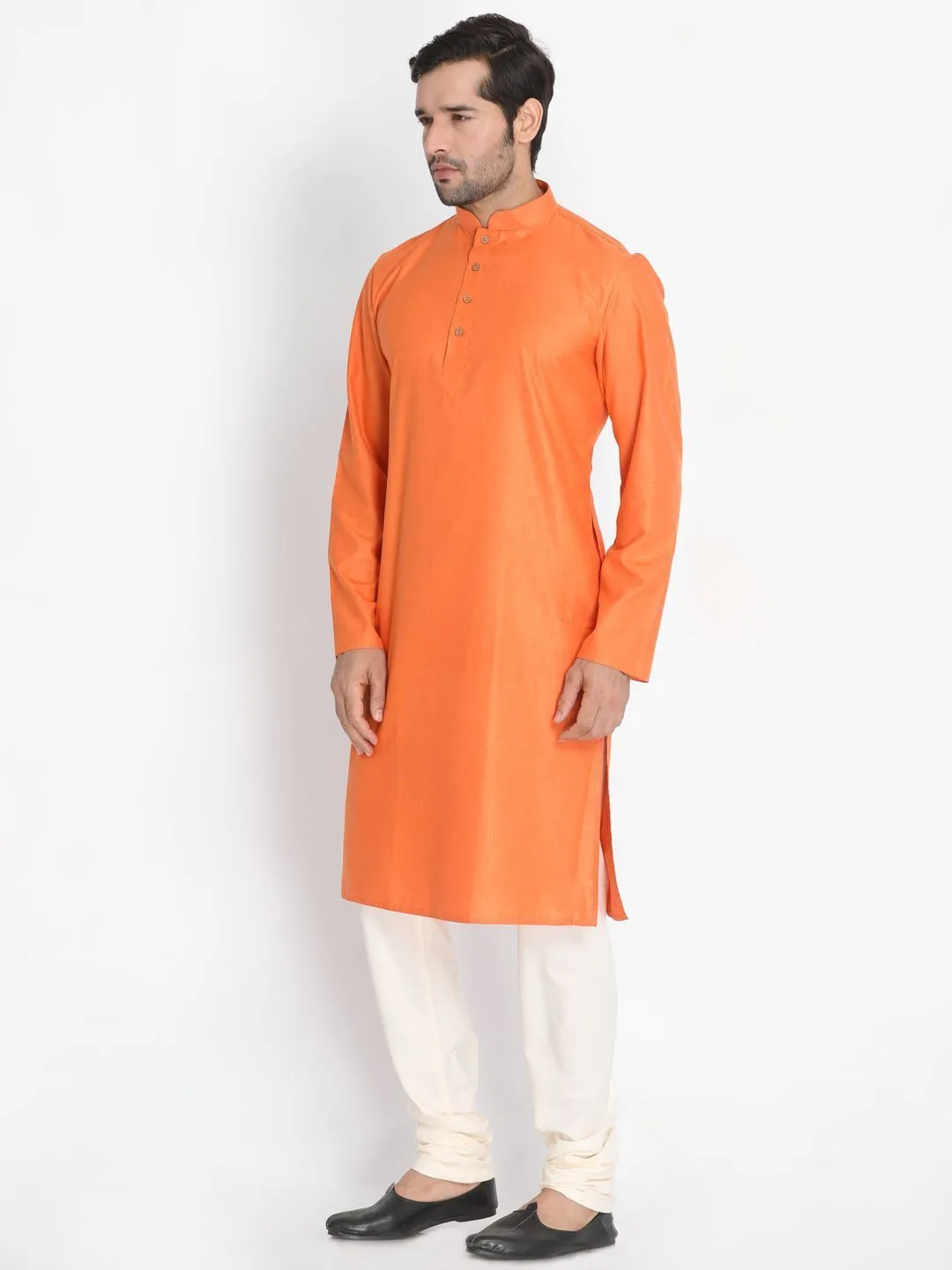 Jashvi Men's Orange Cotton Blend Kurta and Pyjama Set