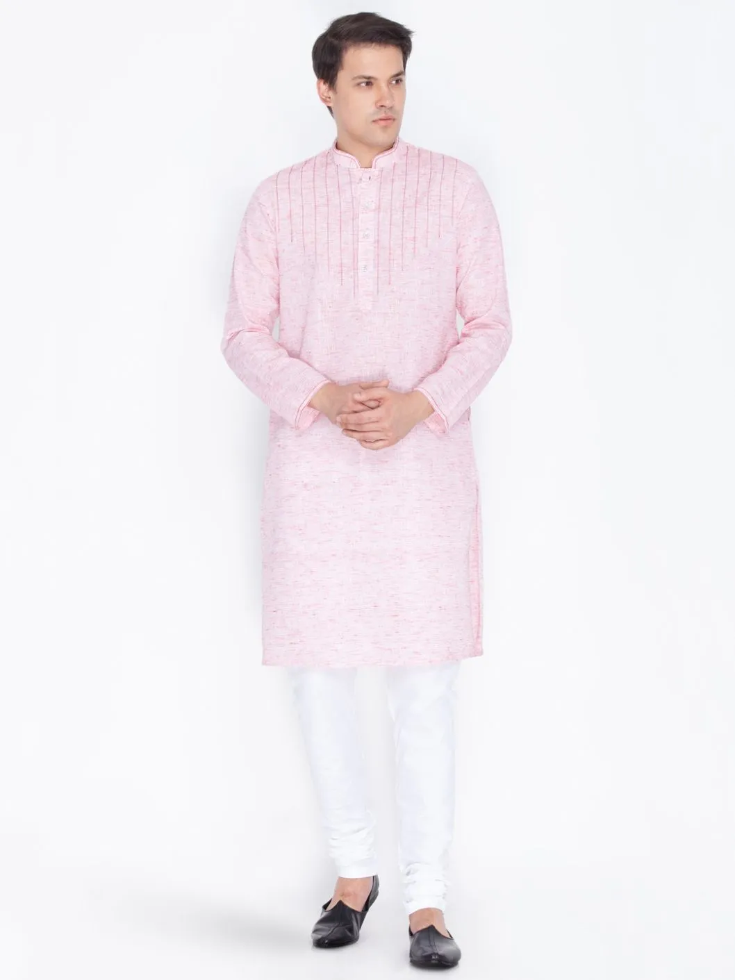 Jashvi Men's Pink Color Linen Kurta and Pyjama Set