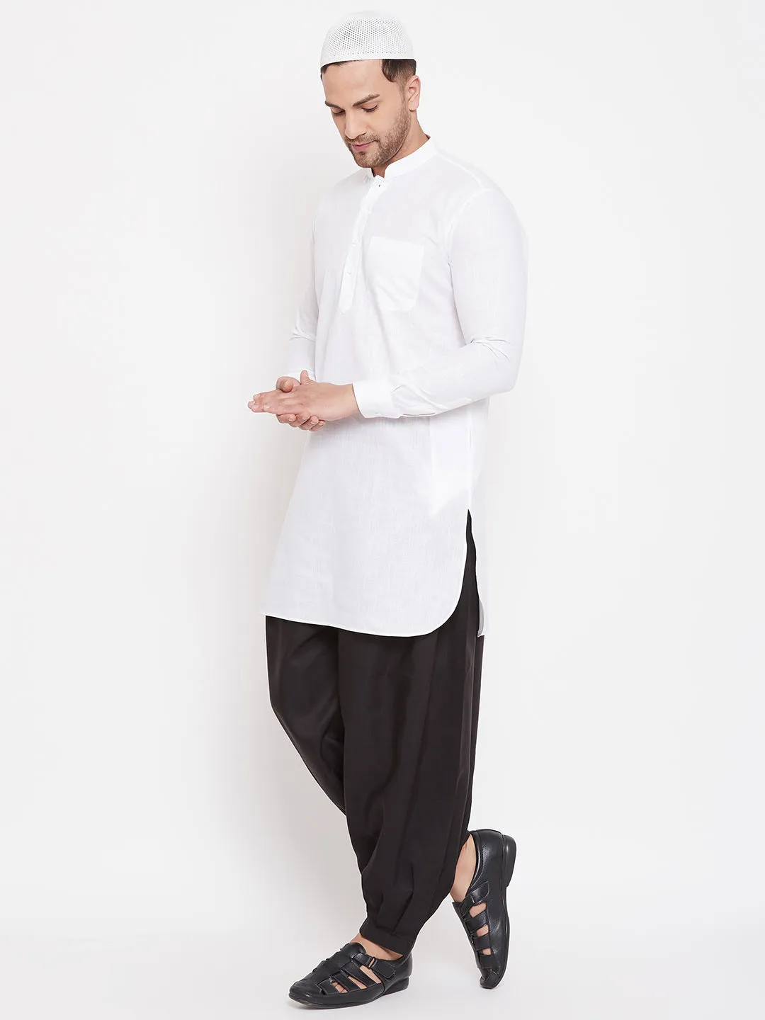 Jashvi Men's White And Black Cotton Linen Blend Pathani Kurta Set