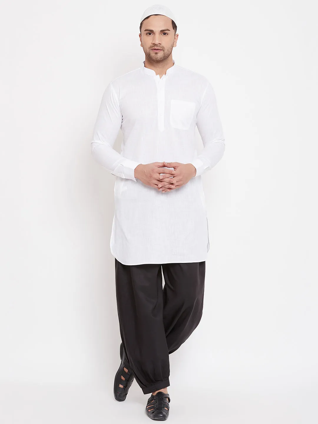 Jashvi Men's White And Black Cotton Linen Blend Pathani Kurta Set