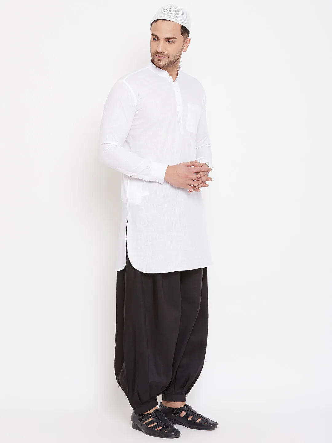 Jashvi Men's White And Black Cotton Linen Blend Pathani Kurta Set