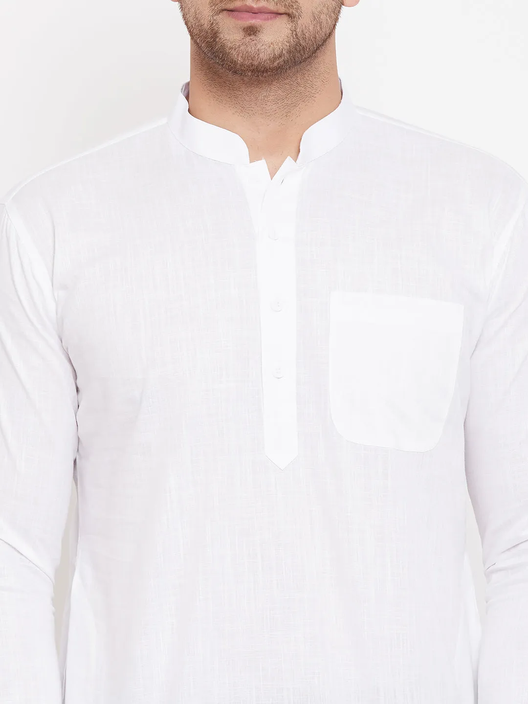 Jashvi Men's White And Black Cotton Linen Blend Pathani Kurta Set